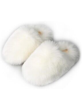White Fluffy Faux Fur Slides - Soft Plush House Slippers for Indoor/Outdoor Use